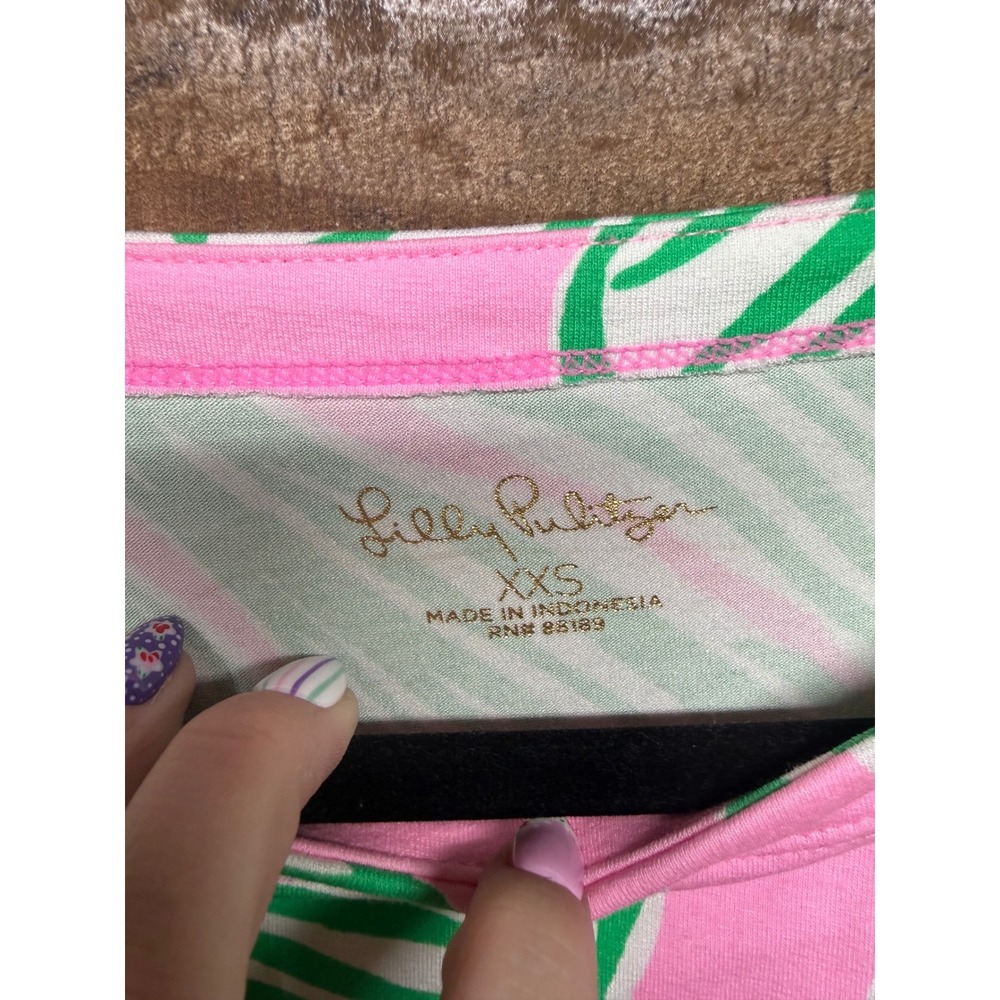 Lilly Pulitzer Pink Green Palm Leaf Print Button Shoulder Shift Dress XXS - Picture 3 of 7